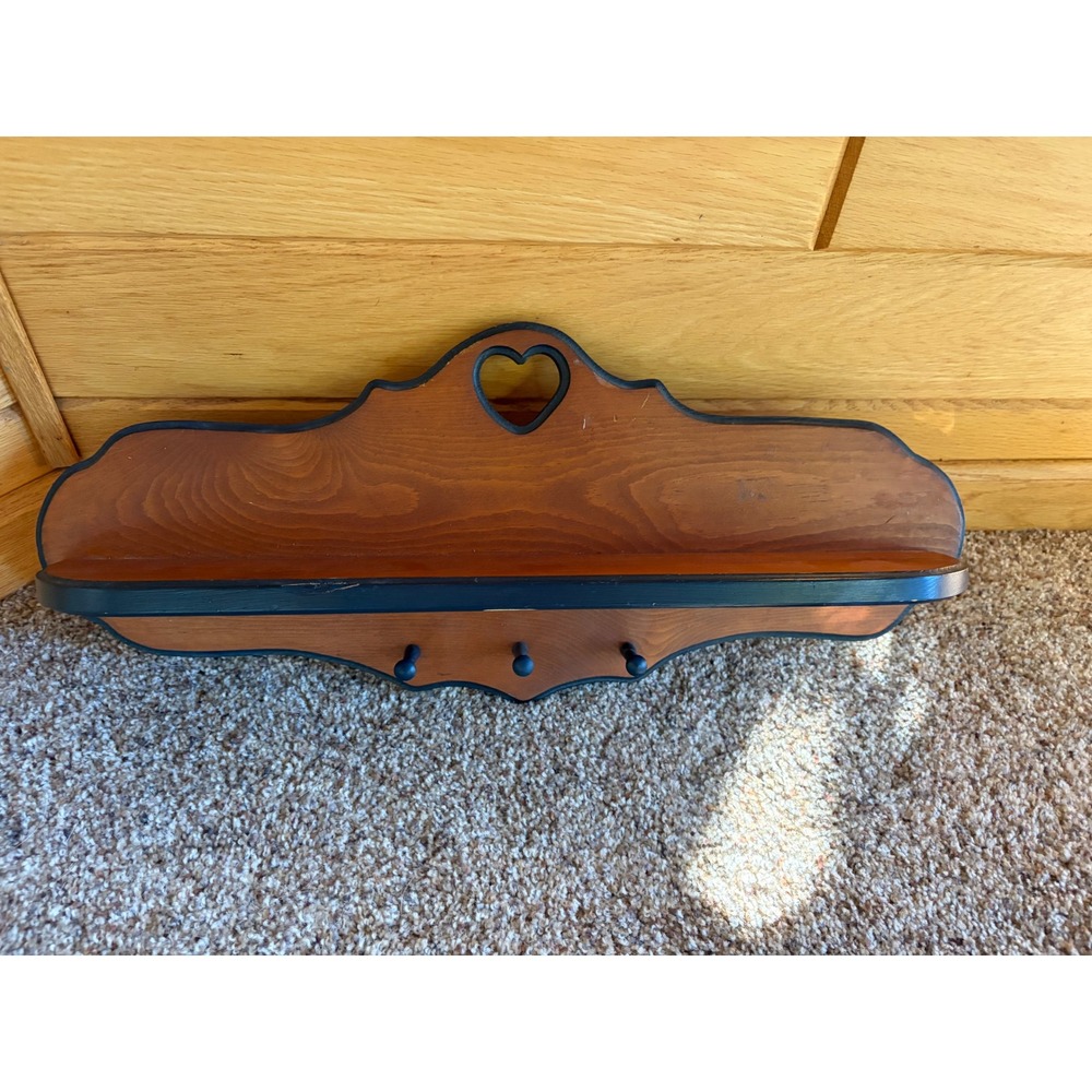 Forrest-James Vintage Wood Wall Shelf Heart Cutout 3 Peg Hooks Country Farmhouse